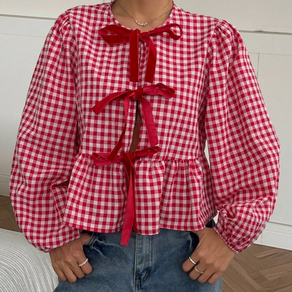 Red And White Casual Women's Cowgirl Hippie Round Neck Gingham Print Top